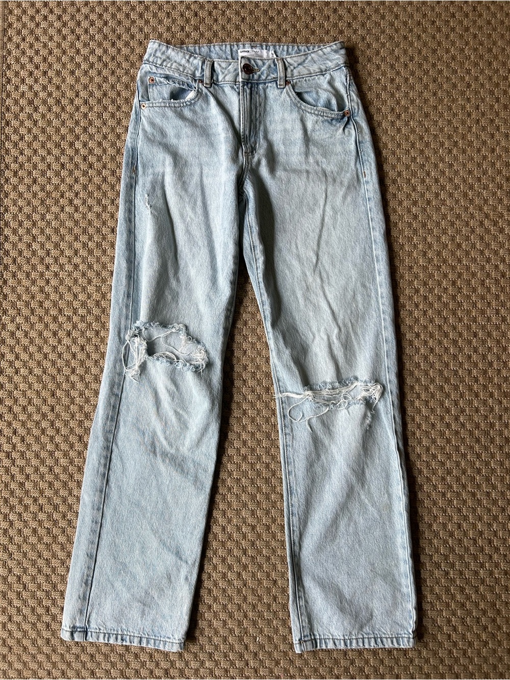 Garage Denim Slouchy Drop Crotch Straight Leg Light Blue Distressed Jeans